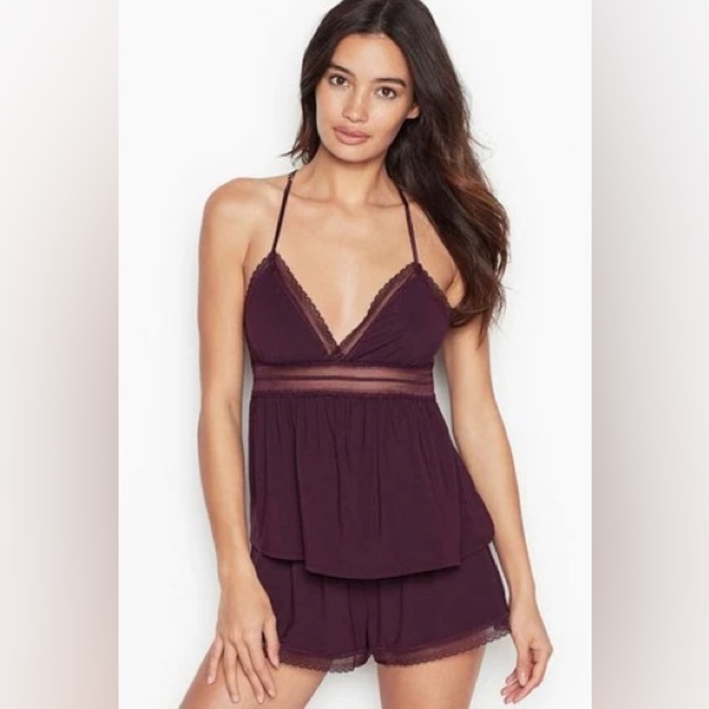 🌹 VS Black Pink Roses Floral Print Heavenly Supersoft Modal Lace Cami Short Set - Picture 3 of 12